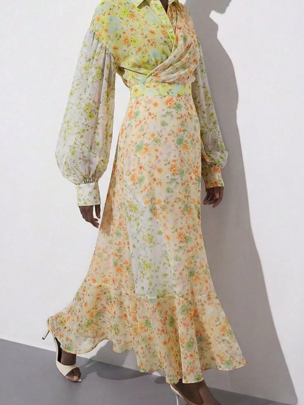 Multicolor Boho Women's Chiffon Gradient Floral Print Long Sleeve Dress